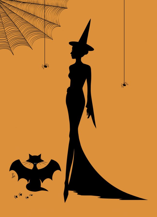Carte sorcière Halloween chat noir