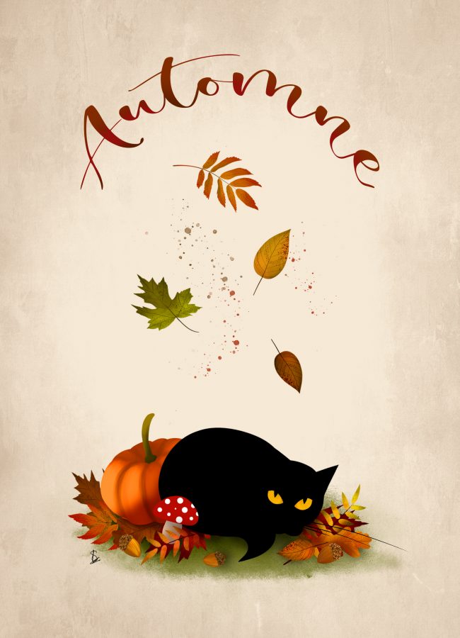 carte et affiche d'automne originale chat noir