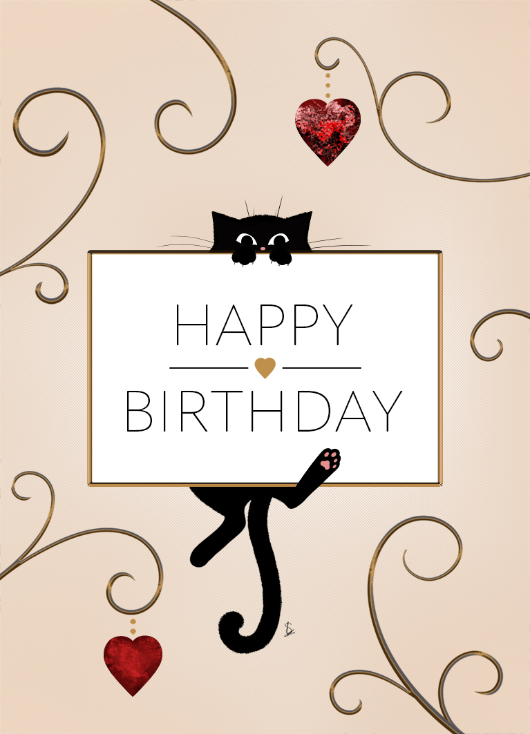 Jolie Carte anniversaire chat noir - Carte d'art